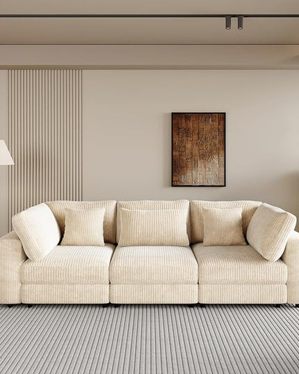 Morden Soft Corduroy Upholstered 3 Seater Sofa Couch with Removable Back Cushions and 5 Pillows for Living Room, Apartment, Office, 105", Beige-403 - LeafyLoom