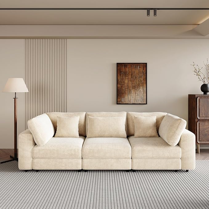Morden Soft Corduroy Upholstered 3 Seater Sofa Couch with Removable Back Cushions and 5 Pillows for Living Room, Apartment, Office, 105", Beige-403 - LeafyLoom