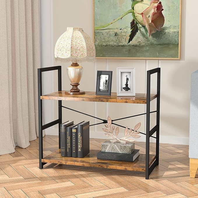 NUMENN 2 Tier Bookshelf, Tall Bookcase Shelf Storage Organizer, Modern Book Shelf for Bedroom, Living Room and Home Office, Vintage - LeafyLoom