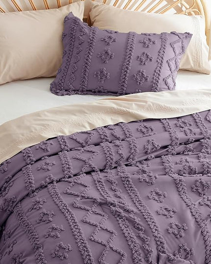 Bedsure Tufted Boho Comforter Set Queen - Grayish Purple Boho Bedding Comforter Set, 3 Pieces Farmhouse Shabby Chic Embroidery Bed Set, Soft Jacquard Comforter for All Seasons - LeafyLoom