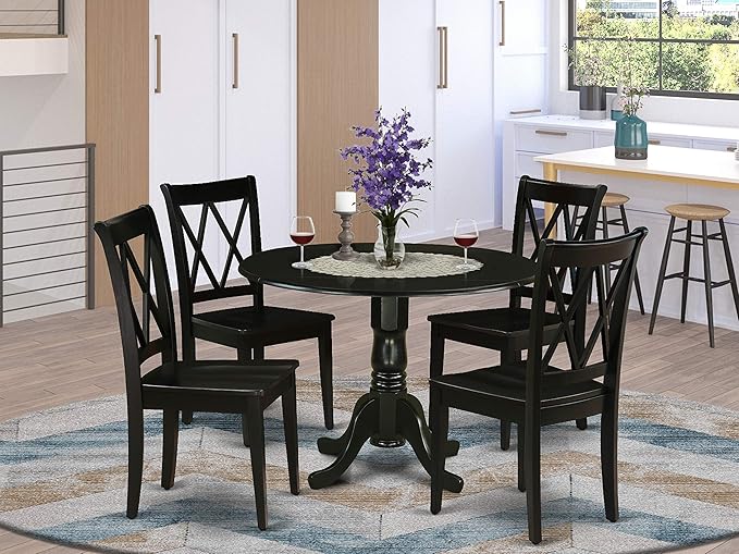 East West Furniture DLCL5-BLK-W Dublin 5 Piece Set for 4 Includes a Round Kitchen Table with Dropleaf and 4 Dining Room Chairs, 42x42 Inch - LeafyLoom