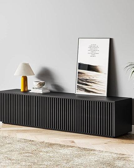 POVISON Modern Solid Wood TV Stand, Black Entertainment Center for 65 inch TV, Full Assembled Media Console with Storage, Farmhouse Low TV Cabinets for Living Room Bedroom, Oak Veneer - LeafyLoom