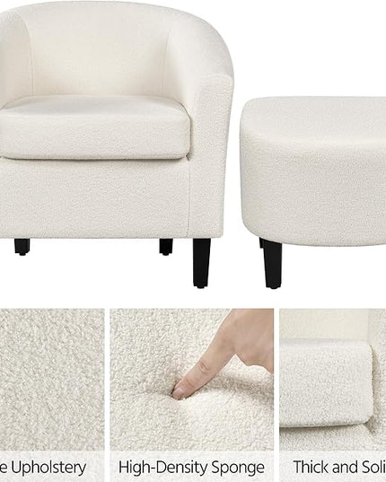 Yaheetech Accent Chair and Ottoman Set, Modern Fuzzy Sherpa Barrel Chair and Footrest, Comfy Boucle Armchair and Footstool for Living Room/Bedroom/Reading Room/Guestroom, Ivory - LeafyLoom