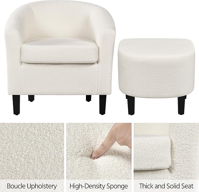 Yaheetech Accent Chair and Ottoman Set, Modern Fuzzy Sherpa Barrel Chair and Footrest, Comfy Boucle Armchair and Footstool for Living Room/Bedroom/Reading Room/Guestroom, Ivory - LeafyLoom