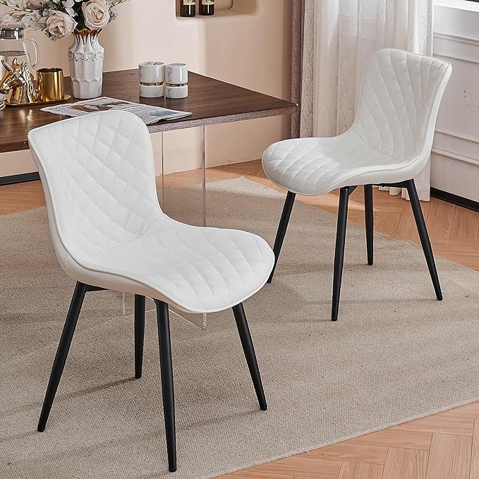 YOUTASTE White Dining Chairs Set of 2 Mid Century Modern Kitchen Chairs PU Leather Armless Upholstered Accent Dinner Chair with Back Metal Legs for Guest Reception Waiting Living Room - LeafyLoom