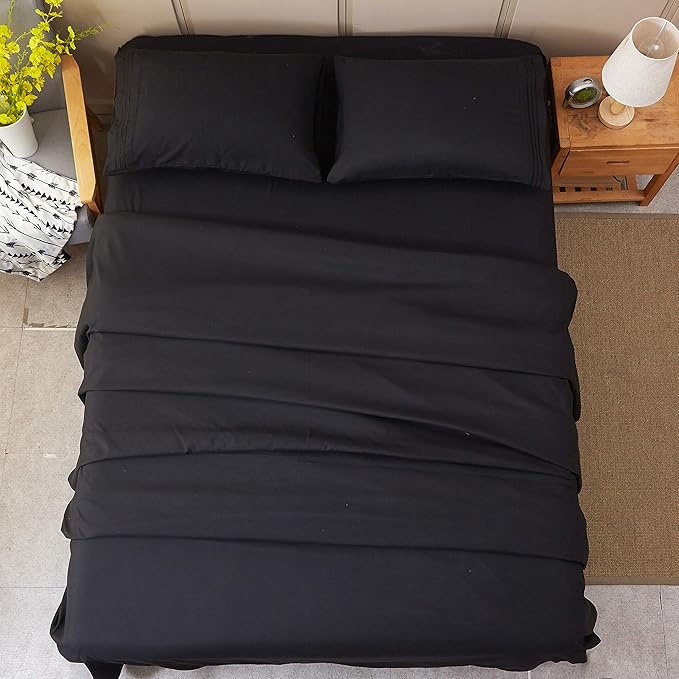 SONORO KATE Bed Sheet Set Super Soft Microfiber 1800 Thread Count Luxury Egyptian Sheets 18-Inch Deep Pocket Wrinkle-4 Piece(King Black) - LeafyLoom