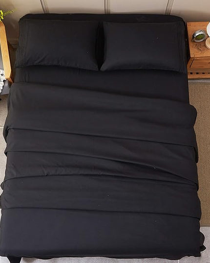 SONORO KATE Bed Sheet Set Super Soft Microfiber 1800 Thread Count Luxury Egyptian Sheets 18-Inch Deep Pocket Wrinkle-4 Piece(California King Black) - LeafyLoom