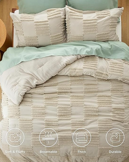 Bedsure Queen Size Comforter Set Linen, Boho Tufted Bedding Comforter Set, Grande Checkered Farmhouse Shabby Chic Bed Set, 3 Pieces, 1 Plaid Geometric Comforter and 2 Pillow Shams - LeafyLoom