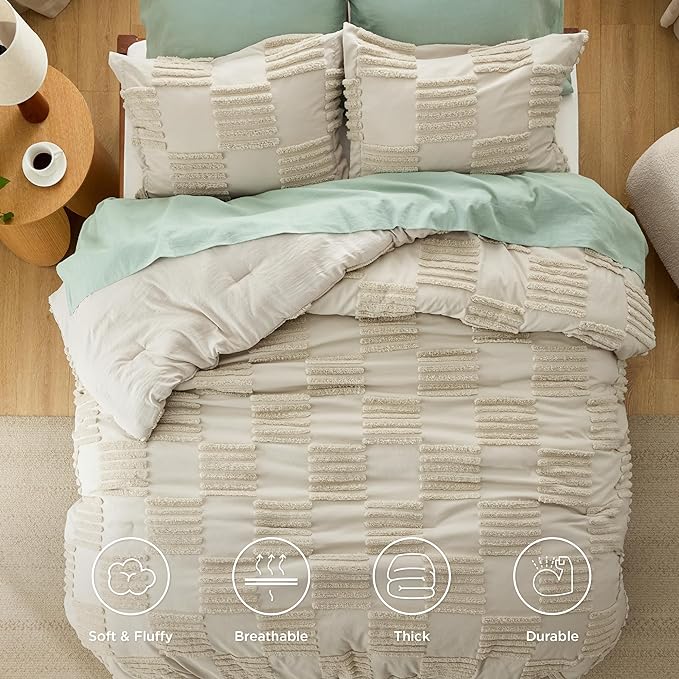 Bedsure Queen Size Comforter Set Linen, Boho Tufted Bedding Comforter Set, Grande Checkered Farmhouse Shabby Chic Bed Set, 3 Pieces, 1 Plaid Geometric Comforter and 2 Pillow Shams - LeafyLoom
