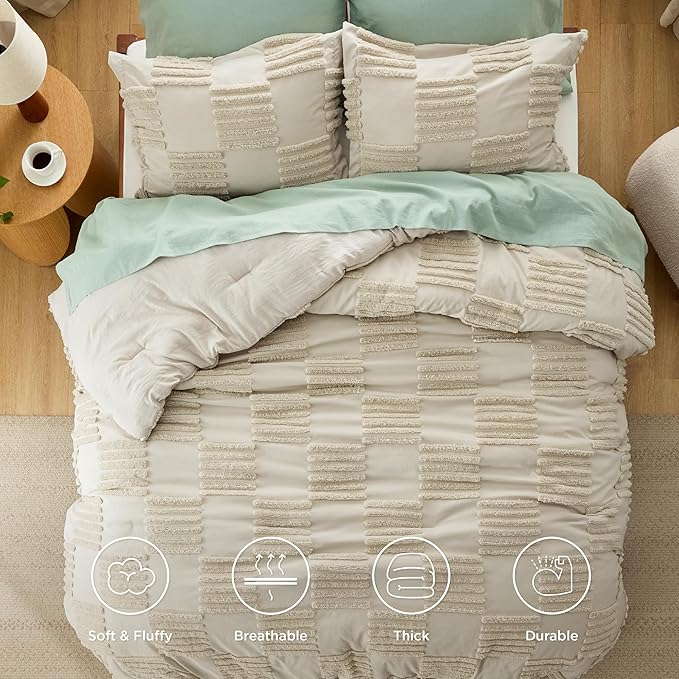 Bedsure King Size Comforter Set Linen, Boho Tufted Bedding Comforter Set, Grande Checkered Farmhouse Shabby Chic Bed Set, 3 Pieces, 1 Plaid Geometric Comforter and 2 Pillow Shams - LeafyLoom