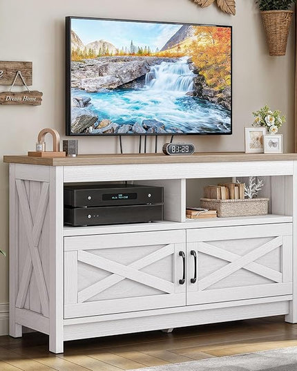 YITAHOME TV Stand with Power Outlet, Farmhouse Entertainment Center for up to 40 Inch TV, Modern TV Cabinet Media Console Table for Living Room, X-Shape Design, Grey White/Grey Wash - LeafyLoom