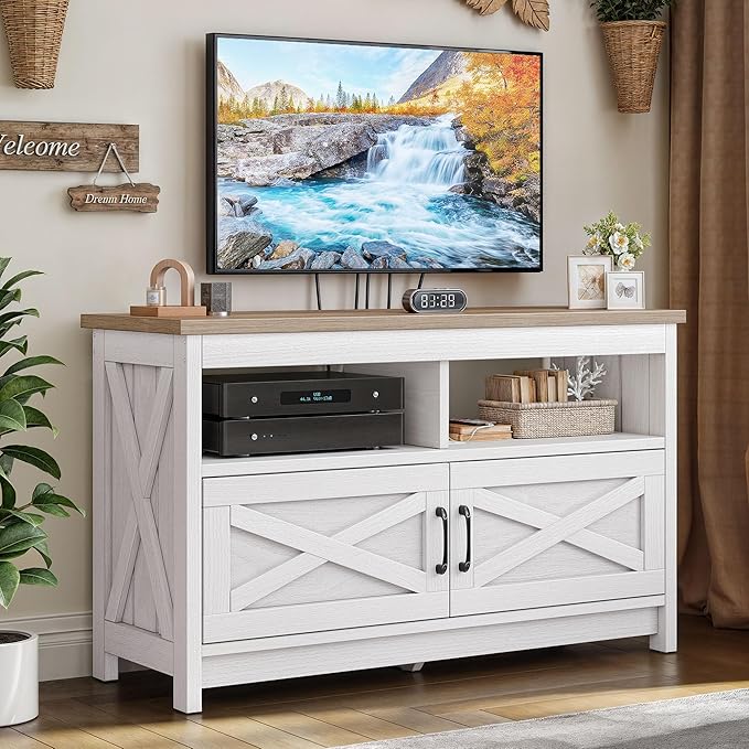 YITAHOME TV Stand with Power Outlet, Farmhouse Entertainment Center for up to 40 Inch TV, Modern TV Cabinet Media Console Table for Living Room, X-Shape Design, Grey White/Grey Wash - LeafyLoom