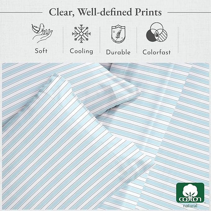 California Design Den Striped Bed Sheets California King Size, 4 Piece 100% Cotton Sheets Set Luxury 400 Thread Count Sateen, Deep Pocket California King Sheets Printed Pattern (Cape Stripe) - LeafyLoom