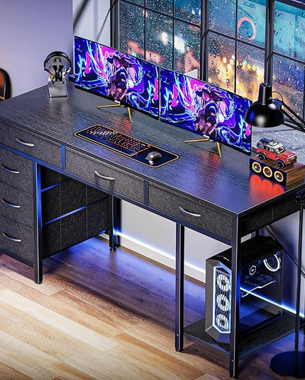 Computer Desk with 6 Drawers, 54 Inch Office Desk with Shelves, Reversible Gaming Desk, Corner Desk with Storage, Work Desk for Home Office, Study, Living Room, Black - LeafyLoom