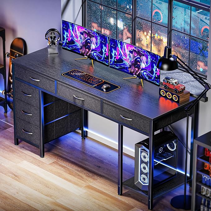 Computer Desk with 6 Drawers, 54 Inch Office Desk with Shelves, Reversible Gaming Desk, Corner Desk with Storage, Work Desk for Home Office, Study, Living Room, Black - LeafyLoom
