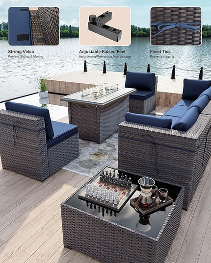 Kullavik 8 Pieces Outdoor Patio Furniture Set with 43" 55000BTU Gas Propane Fire Pit Table PE Wicker Rattan Sectional Sofa Patio Conversation Sets,Dark Blue - LeafyLoom