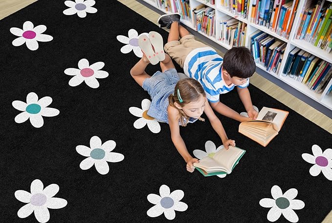 Flagship Carpets Schoolgirl Style Daisies on Black Criss-Cross Applesauce Educational Area Rug for Kids Room, Children's Classroom, Play Carpet for Teaching and Playroom, 5' x 7'6", Seats 20 - LeafyLoom