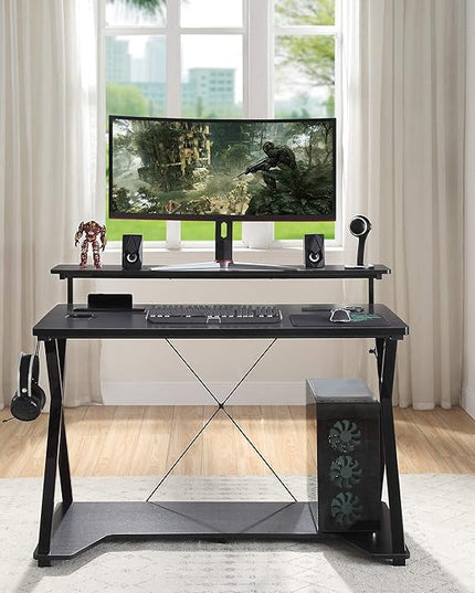 OSP Home Furnishings Checkpoint Ghost Battlestation Gaming Desk with RGB LED Lights, Black - LeafyLoom