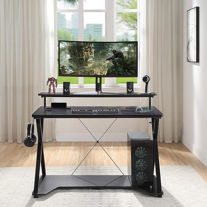 OSP Home Furnishings Checkpoint Ghost Battlestation Gaming Desk with RGB LED Lights, Black - LeafyLoom
