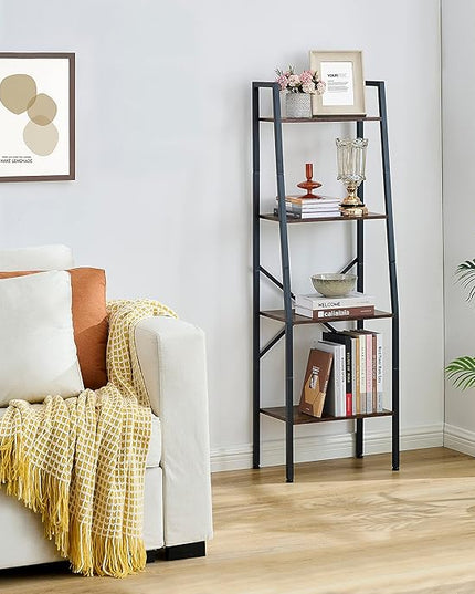 Hoctieon Ladder Shelf Bookcase, 4-Tier Industrial Tall Ladder Bookshelf with Metal Frame for Living Room, Kitchen, Home Office, Bedroom, Rustic Brown - LeafyLoom