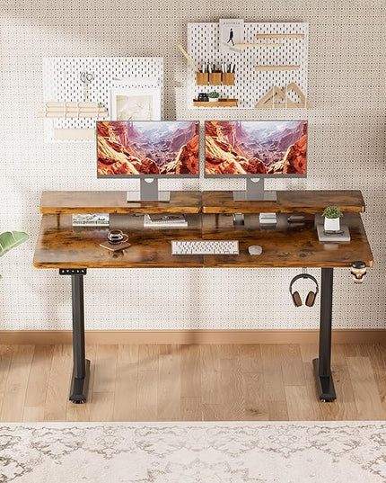 Electric Standing Desk with Monitor Shelf, 55 x 24 Inches Height Adjustable Corner Table, Computer Workstation with Cup Holder and Hook for Home Office, Brown, 55x24 Inch, Rustic Brwon - LeafyLoom