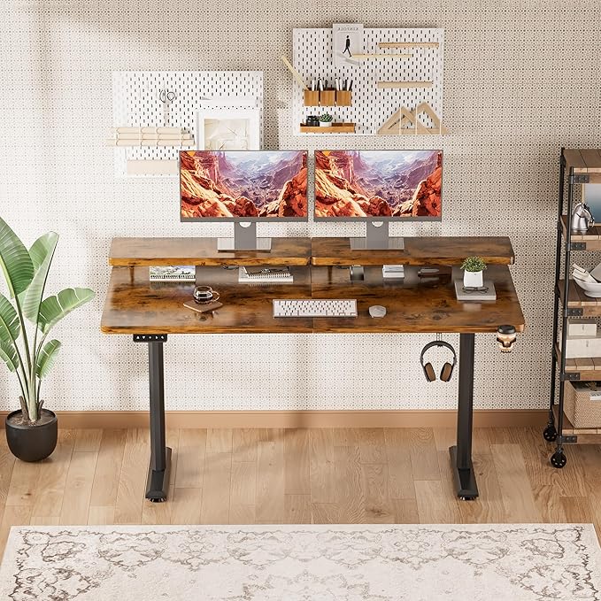 Electric Standing Desk with Monitor Shelf, 55 x 24 Inches Height Adjustable Corner Table, Computer Workstation with Cup Holder and Hook for Home Office, Brown, 55x24 Inch, Rustic Brwon - LeafyLoom