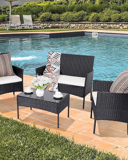 Patio Furniture Set 4 Pieces Conversation Sets Outdoor Wicker Rattan Chairs Garden Backyard Balcony Porch Poolside Loveseat with Soft Cushion and Tempered Glass Table(Black/Beige) - LeafyLoom