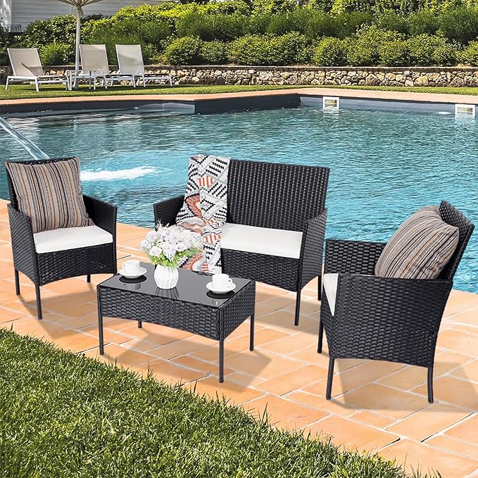 Patio Furniture Set 4 Pieces Conversation Sets Outdoor Wicker Rattan Chairs Garden Backyard Balcony Porch Poolside Loveseat with Soft Cushion and Tempered Glass Table(Black/Beige) - LeafyLoom