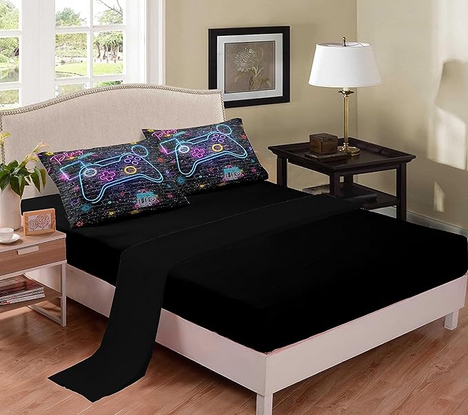 NINENINE Gamer Bedding Sets for Boys 5PCS Full Size Gaming Comforter Bed in A Bag Gamer Contoller Video Kids Teens Gamer Comforter Sets (1Comforter, 1Flat Sheet, 1Fitted Sheet, 2Pillowcases) - LeafyLoom