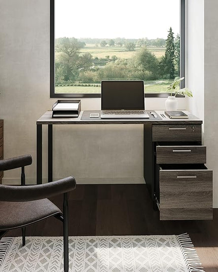 Milano Home Office Desk - 47Inch Space Grey/Black Home Office Desk with Drawers - Modern Computer Desk with Storage, Detachable & Lockable Computer Cabinet - Wooden Office, Study, and Writing Table - LeafyLoom