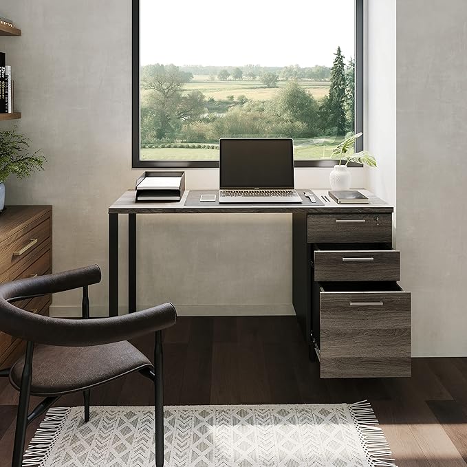 Milano Home Office Desk - 47Inch Space Grey/Black Home Office Desk with Drawers - Modern Computer Desk with Storage, Detachable & Lockable Computer Cabinet - Wooden Office, Study, and Writing Table - LeafyLoom