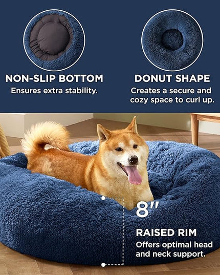 Bedsure Calming Dog Bed for Medium Dogs - Donut Washable Medium Pet Bed, 30 inches Anti-Slip Round Fluffy Plush Faux Fur Cat Bed, Fits up to 45 lbs Pets, Navy BEDSURE