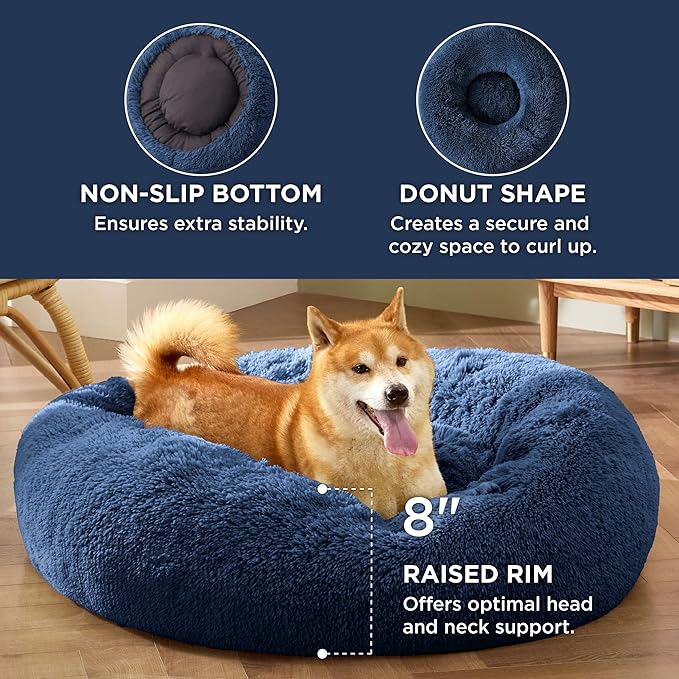 Bedsure Calming Dog Bed for Medium Dogs - Donut Washable Medium Pet Bed, 30 inches Anti-Slip Round Fluffy Plush Faux Fur Cat Bed, Fits up to 45 lbs Pets, Navy BEDSURE