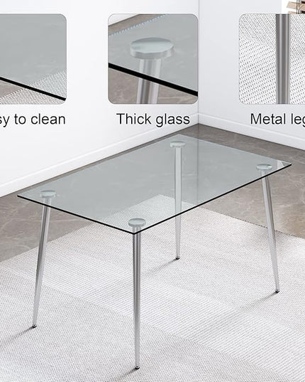 NicBex Modern Minimalist Rectangular Glass Dining Table for 4-6 with 0.31" Tempered Glass Tabletop and Silver Plating Metal Legs, Writing Table Desk, for Kitchen Dining Living Room, Transparent - LeafyLoom