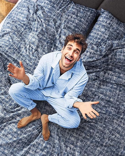 Hyde Lane Comforter King Size for Men, Blue Modern Farmhouse Aesthetic Soft Bedding Set, Masculine Plaid Lines Pattern Bed Sets for All Season, 3 Pieces includes 1 Comforter, 2 Shams (104"x 90") - LeafyLoom