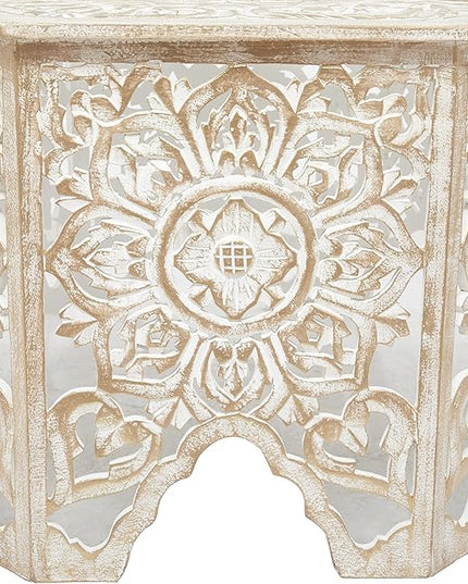 Deco 79 Wood Floral Handmade Living Room Coffee Table Intricately Carved Table with Arched Cutouts and Brown Distressing, Center Table 33" x 33" x 18", Cream - LeafyLoom