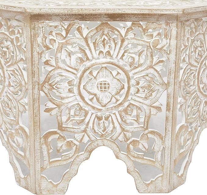Deco 79 Wood Floral Handmade Living Room Coffee Table Intricately Carved Table with Arched Cutouts and Brown Distressing, Center Table 33" x 33" x 18", Cream - LeafyLoom