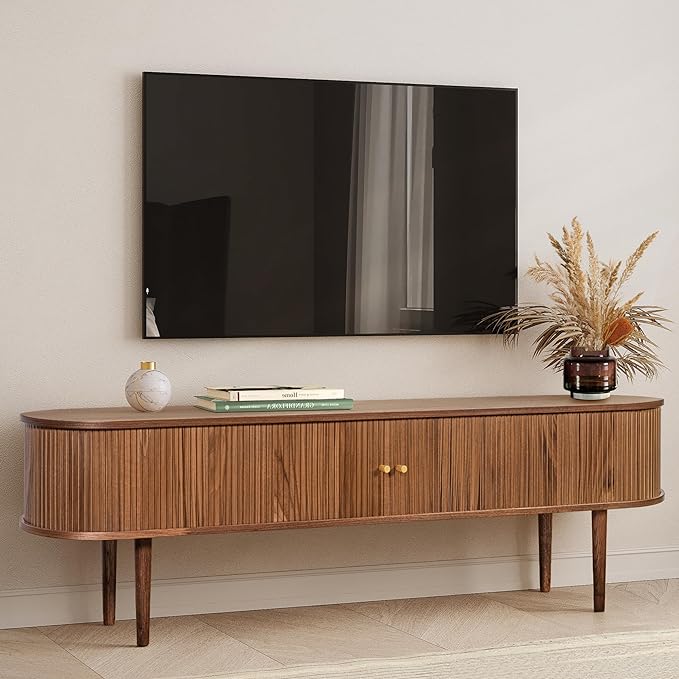 71’’ TV Stand with Storage and Shelves designed to fit 65’’ - 75’’ TVs. Wood Entertainment Center for Living Room and Bedroom, Media Console and Modern TV Console Table (Walnut) - LeafyLoom