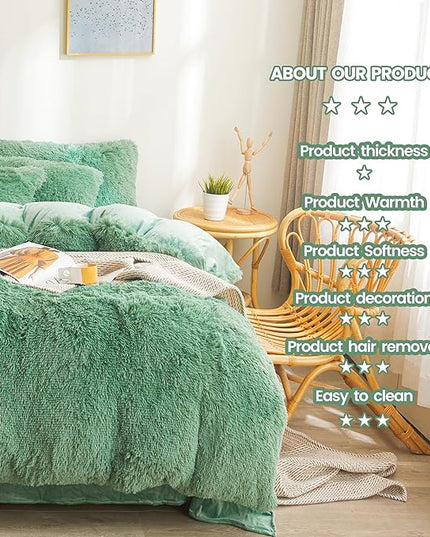FOPPA Green Plush Comforter Cover Set Queen - Ultra Soft Faux Fur Green Bedding Sets 3 Pieces (1 Fluffy Duvet Cover + 2 Shaggy Pillow case) Fluffy Bed Set (Green, Queen) - LeafyLoom