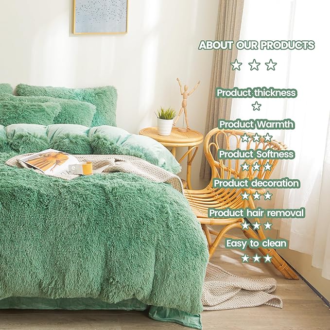 FOPPA Green Plush Comforter Cover Set Queen - Ultra Soft Faux Fur Green Bedding Sets 3 Pieces (1 Fluffy Duvet Cover + 2 Shaggy Pillow case) Fluffy Bed Set (Green, Queen) - LeafyLoom