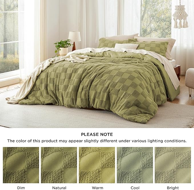 Bedsure Twin/Twin XL Comforter Set Beige, Boho Tufted Bedding Comforter Set, Checkered Farmhouse Shabby Chic Bed Set, 2 Pieces, 1 Plaid Geometric Comforter and 1 Pillow Sham - LeafyLoom