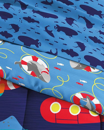 dream FACTORY Kids 5-Piece Complete Set Easy-Wash Super Soft Microfiber Comforter Bedding, Twin, Navy Submarine - LeafyLoom