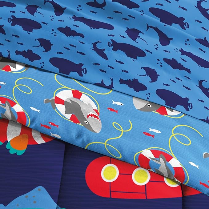 dream FACTORY Kids 5-Piece Complete Set Easy-Wash Super Soft Microfiber Comforter Bedding, Twin, Navy Submarine - LeafyLoom