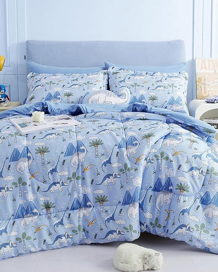 Mooreeke Kids Comforter Bed Set Full Size for Boys, 8 Pieces Bed in a Bag with Shams, Sheet Set and 1 Decorative Toy Throw Pillow, Dinosaur Blue Super Full Soft Microfiber Kids Comforter Bedding Set - LeafyLoom