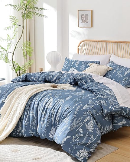 JANZAA Comforters Queen Size Queen Comforter Blue Bedding Cute Floral Bed Set, Lightweight Soft Botanical Flower Comforter and 2 Pillow Cases All Season - LeafyLoom