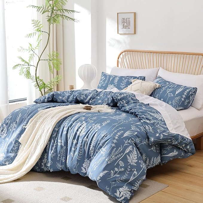 JANZAA Comforters Queen Size Queen Comforter Blue Bedding Cute Floral Bed Set, Lightweight Soft Botanical Flower Comforter and 2 Pillow Cases All Season - LeafyLoom