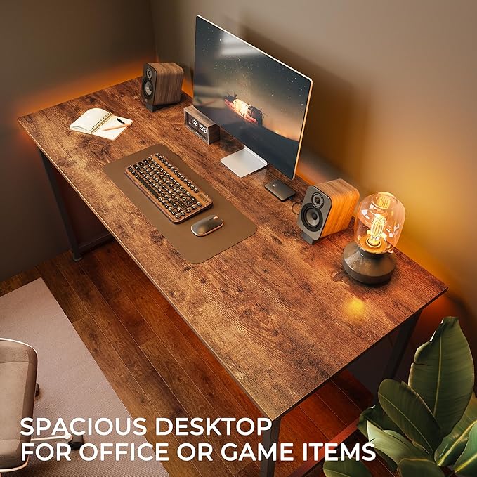 Computer Desk, 55 Inch Office Desk, Gaming Desk with Storage, Writing Desk Work Desk for Home Office, Study, Modern Simple Desk, Large Legroom, Metal Frame, Rustic Brown - LeafyLoom
