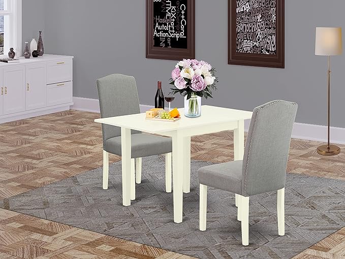 East West Furniture 1NDEN3-LWH-06 3 Piece Dining Set Contains a Rectangle Dinner Table with Dropleaf and 2 Dark Shitake Linen Fabric Upholstered Chairs, 30x48 Inch - LeafyLoom