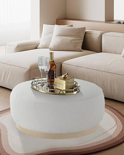 Round Ottoman Coffee Table, Modern Boucle Upholstered Center Table for Living Room Circle Accent Coffee Table for Bedroom Entryway Office - LeafyLoom