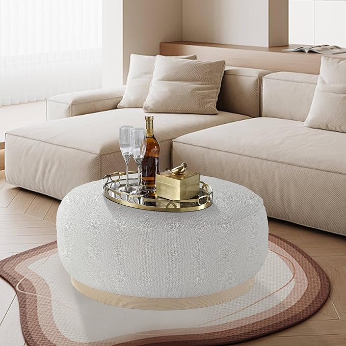 Round Ottoman Coffee Table, Modern Boucle Upholstered Center Table for Living Room Circle Accent Coffee Table for Bedroom Entryway Office - LeafyLoom